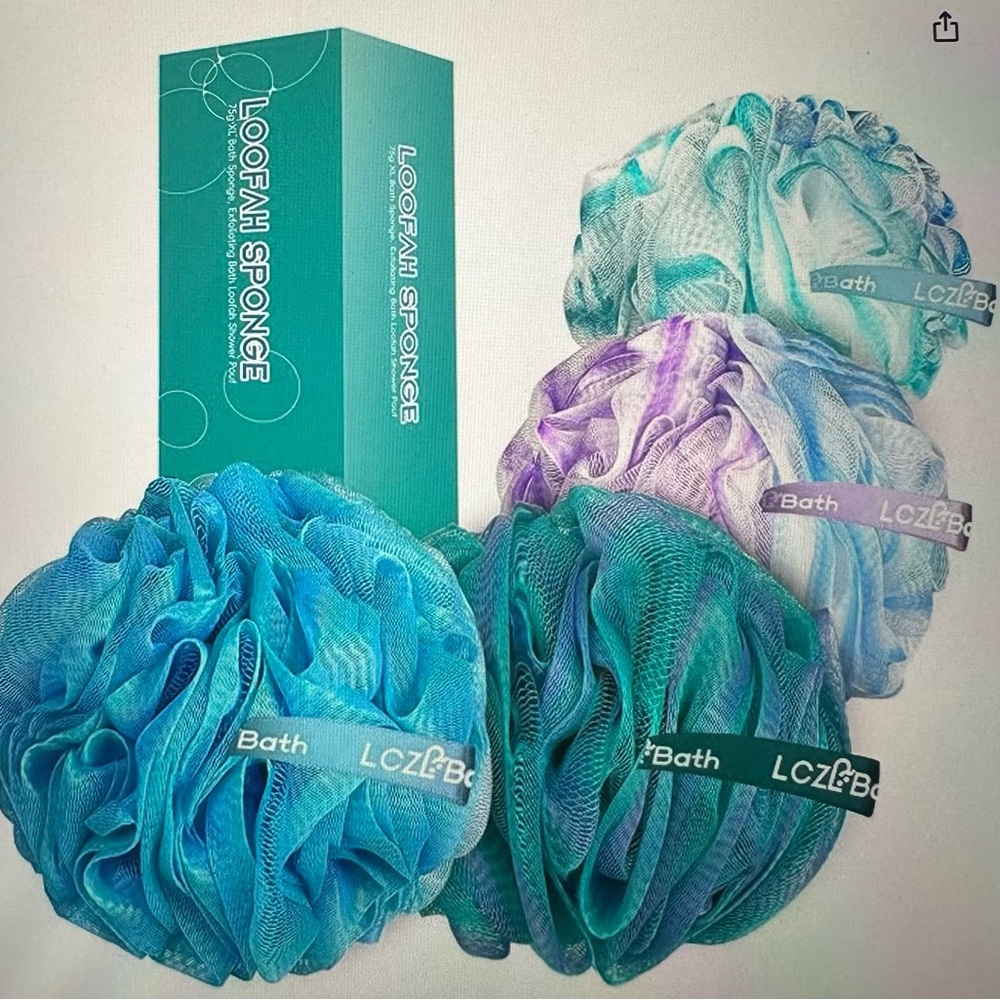 Bath Loofah Sponge - Assorted Blue, Teal & Purple (4 Pack)